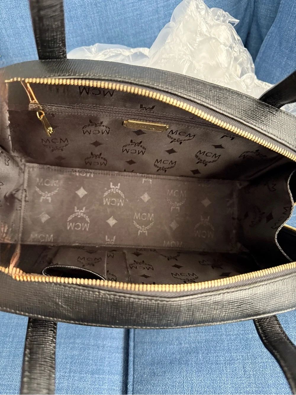 MCM Black Textured Leather Dome Satchel with Gold Accents